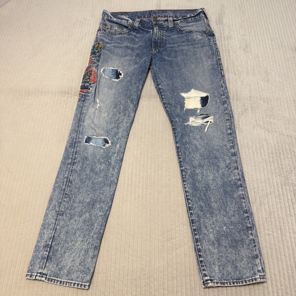 True Religion Jeans Mens 33x34 Geno Ojai Escape Dragon Embroidered Distressed